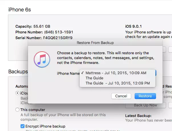 Restore iPhone from iTunes Backup: